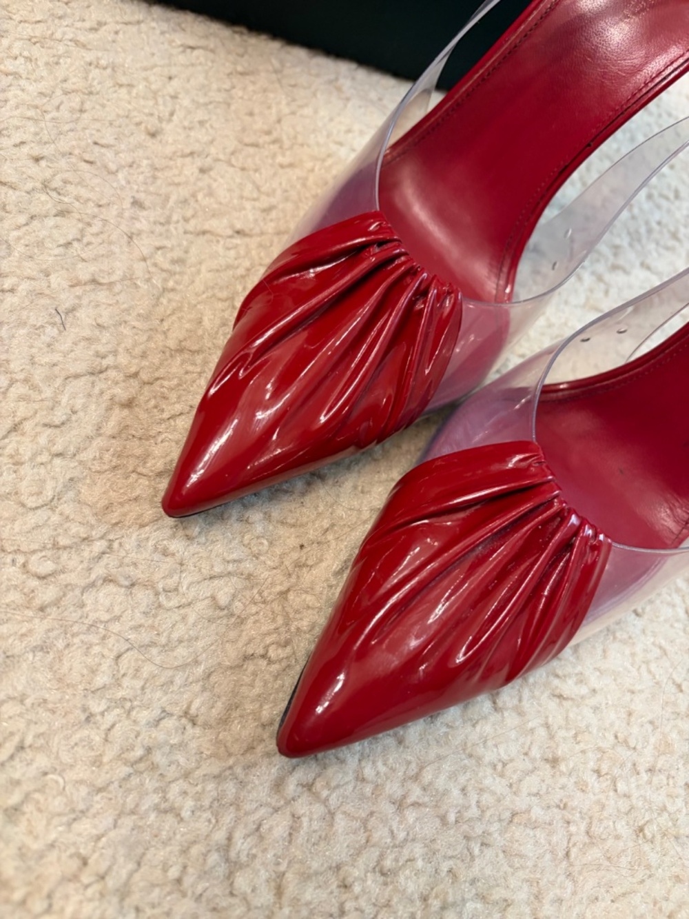 $1,095 SAINT LAURENT Frida Leather And Pvc Slingback Pumps In Cherry - Picture 12 of 13